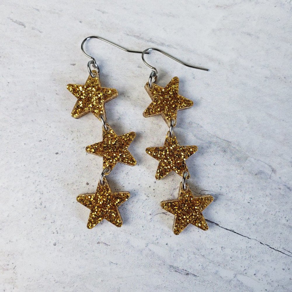 Star Dangle Earrings, Yellow Gold Tone Glitter Acrylic, Handmade